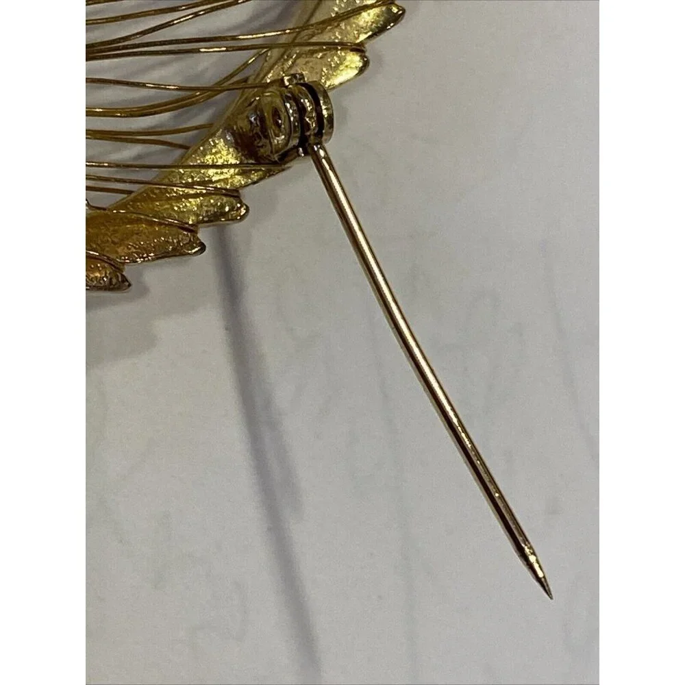 M. J. Ent. Filigree Feather Leaf Pin / Brooch Harp Gold Toned Signed